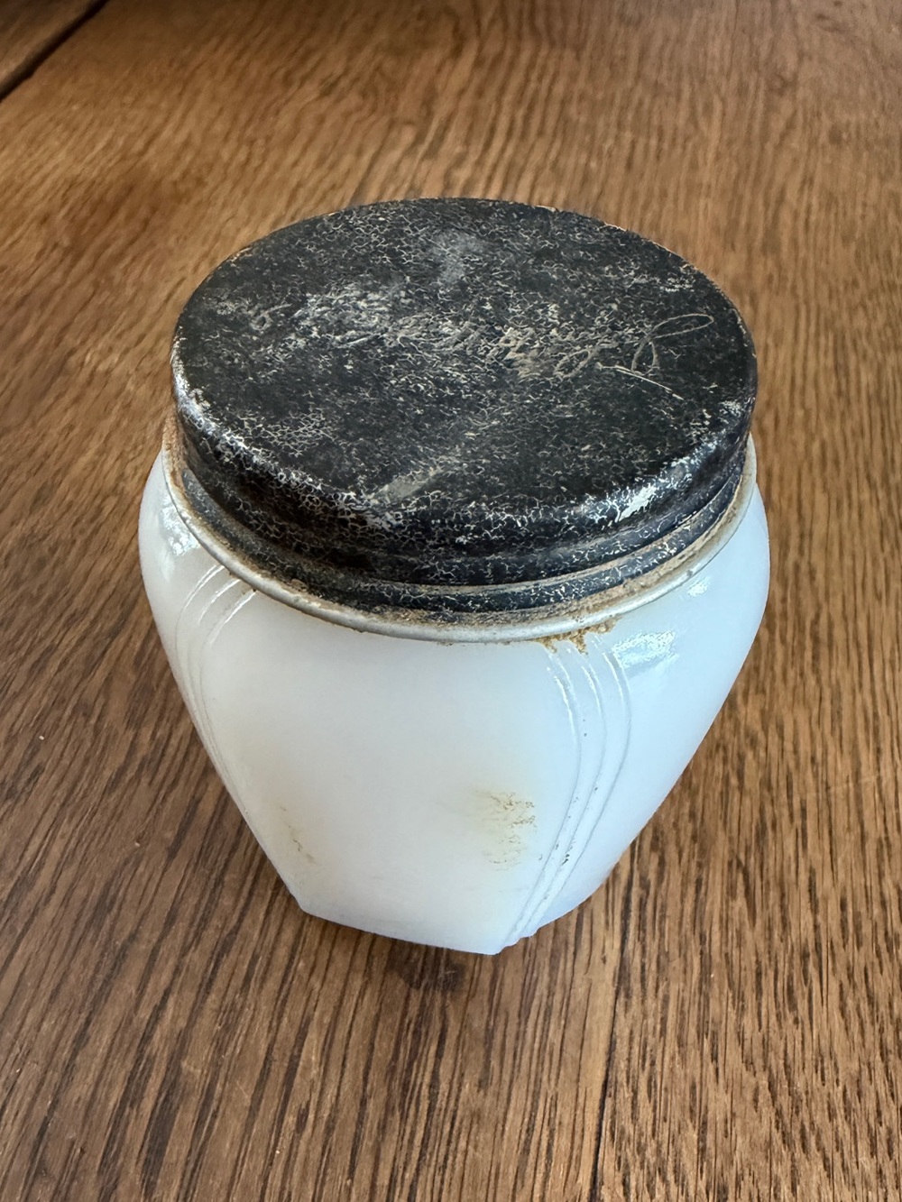 Vintage White Milk Glass Jar with Dark Metal Lid
